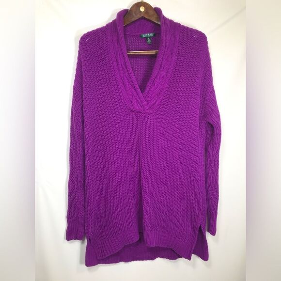 Lauren Ralph Lauren Womens Cotton Cable Knit Sweater Size M Purple Collared - Picture 1 of 7